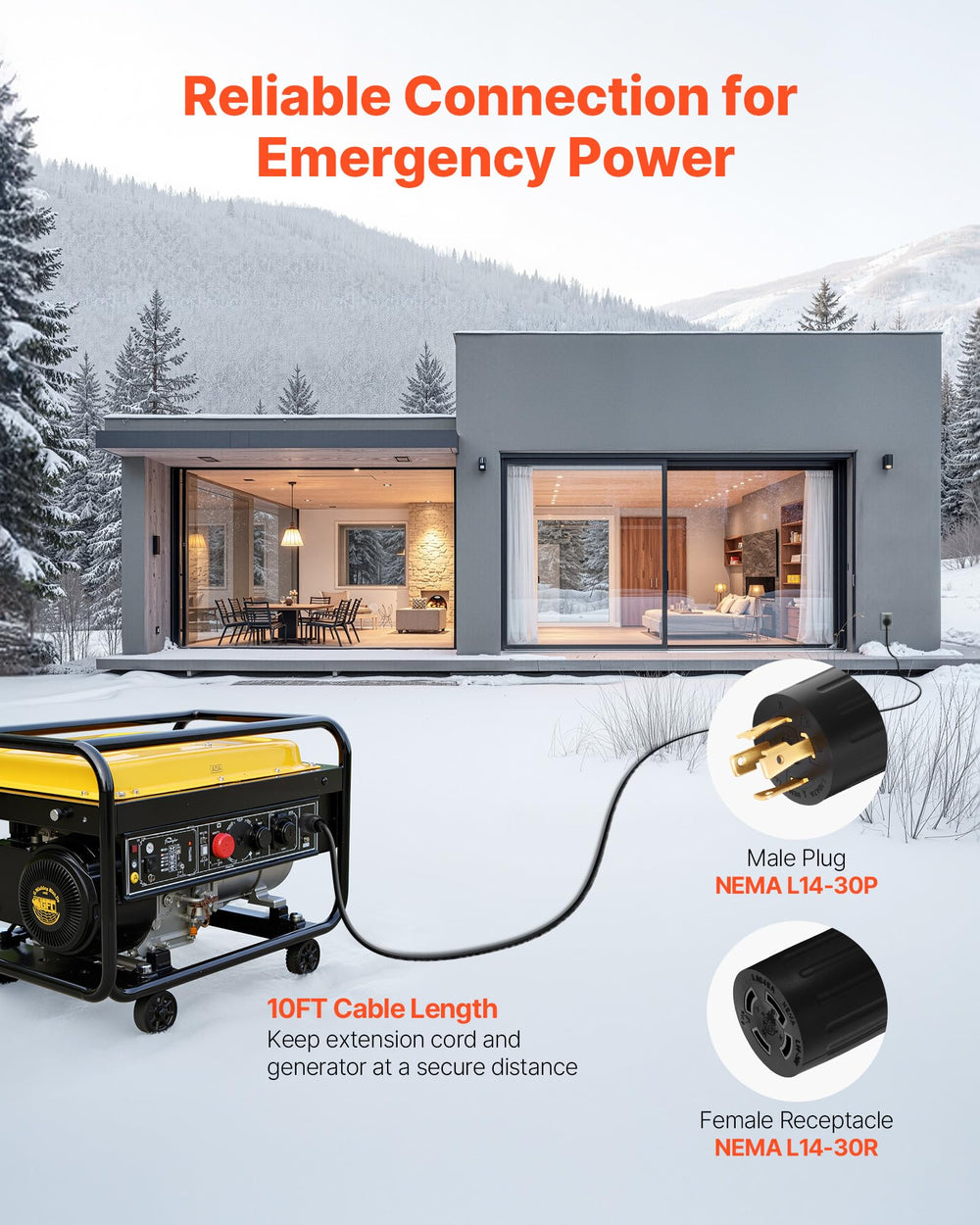 VEVOR 10 ft generator cord full length with NEMA L14-30 connectors for reliable power