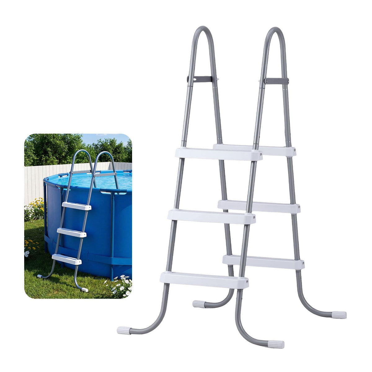 VEVOR ladder front view showing sturdy frame and wide steps for safe pool access
