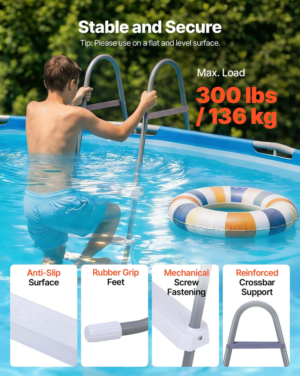 VEVOR ergonomic handrail detail providing comfortable, secure pool entry support