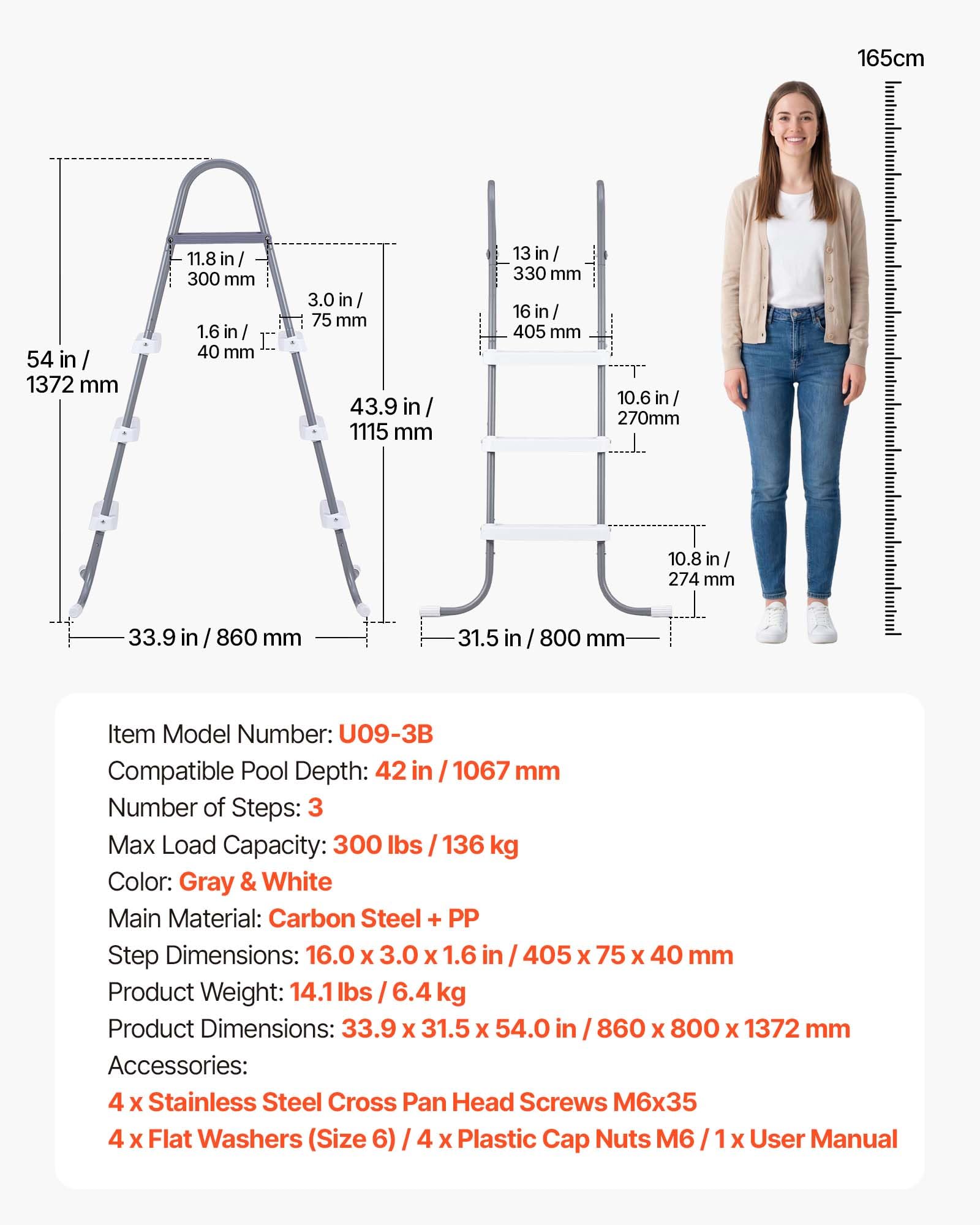VEVOR ladder next to adult for scale illustrating three-step height and capacity