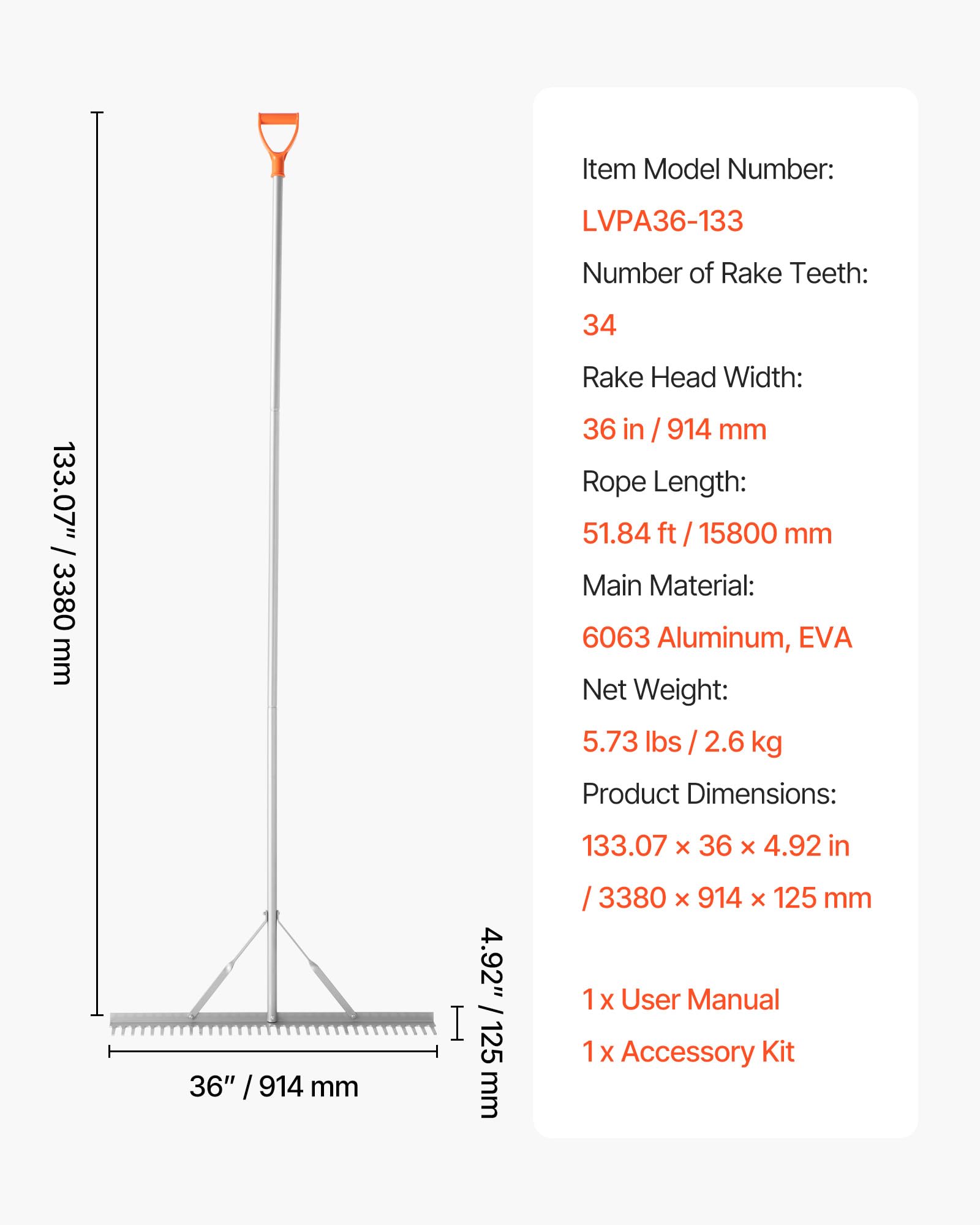 VEVOR size comparison with person illustrating extended 133-inch reach