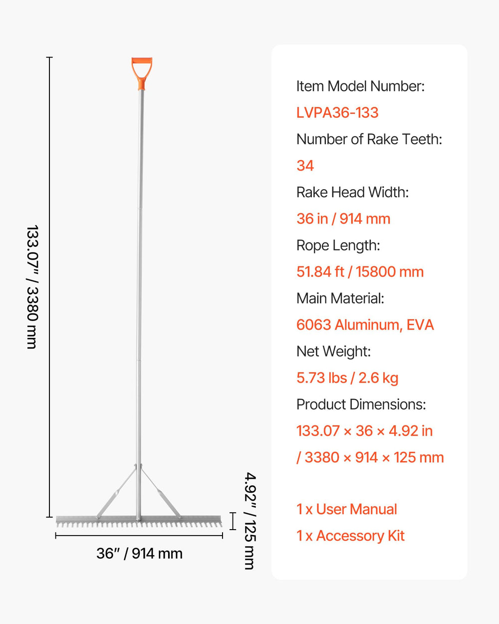VEVOR size comparison with person illustrating extended 133-inch reach