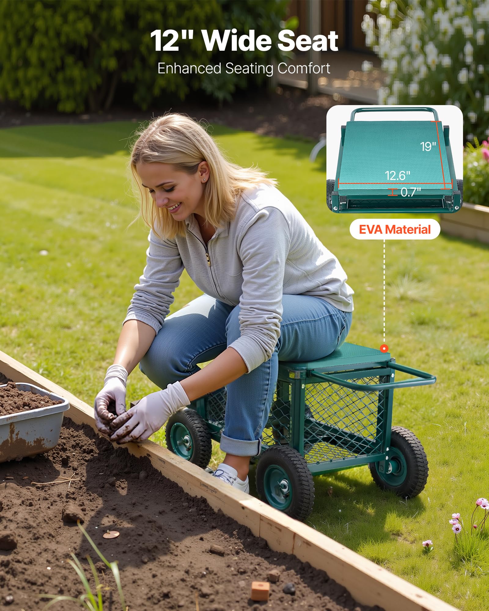 VEVOR 8-inch rubber wheel detail enabling smooth movement on rough terrain
