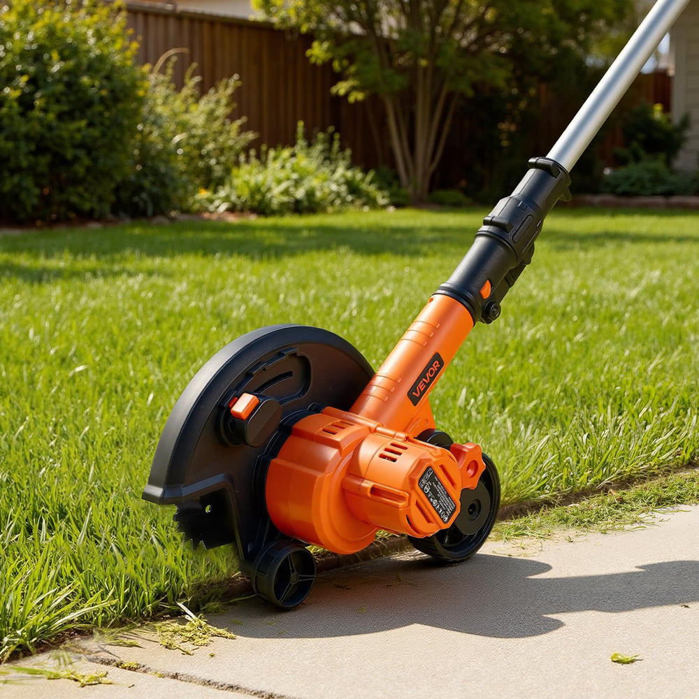 VEVOR edger next to yard tool for scale to illustrate lightweight size