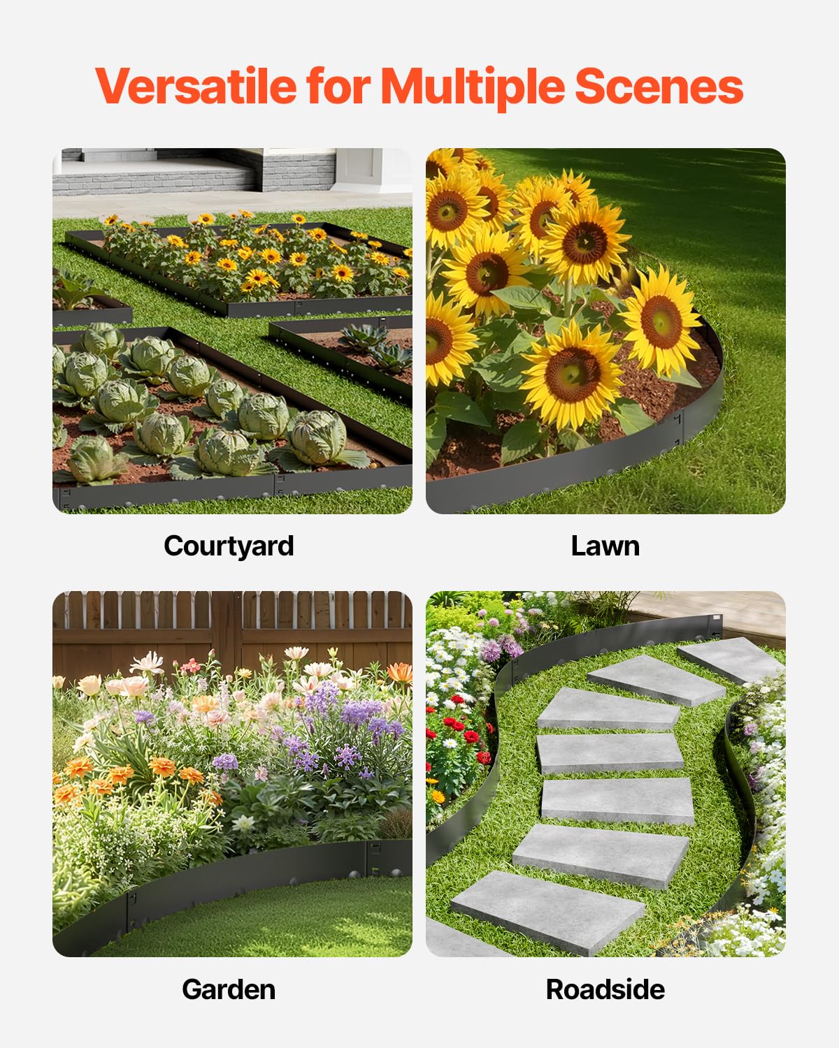 VEVOR before and after lawn separation illustrating sharper mulch containment benefit