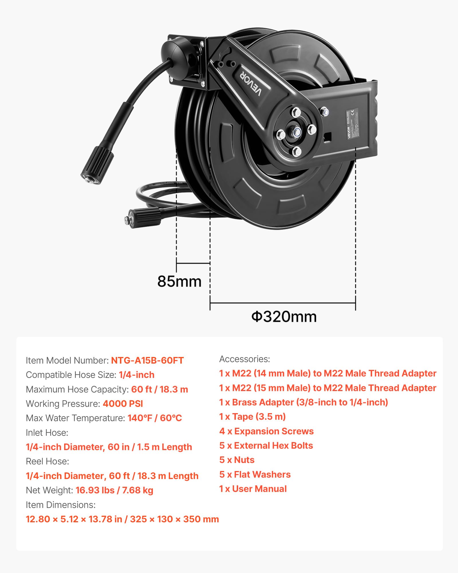 VEVOR lead-in hose and M22 connector detail for quick pressure washer hookups