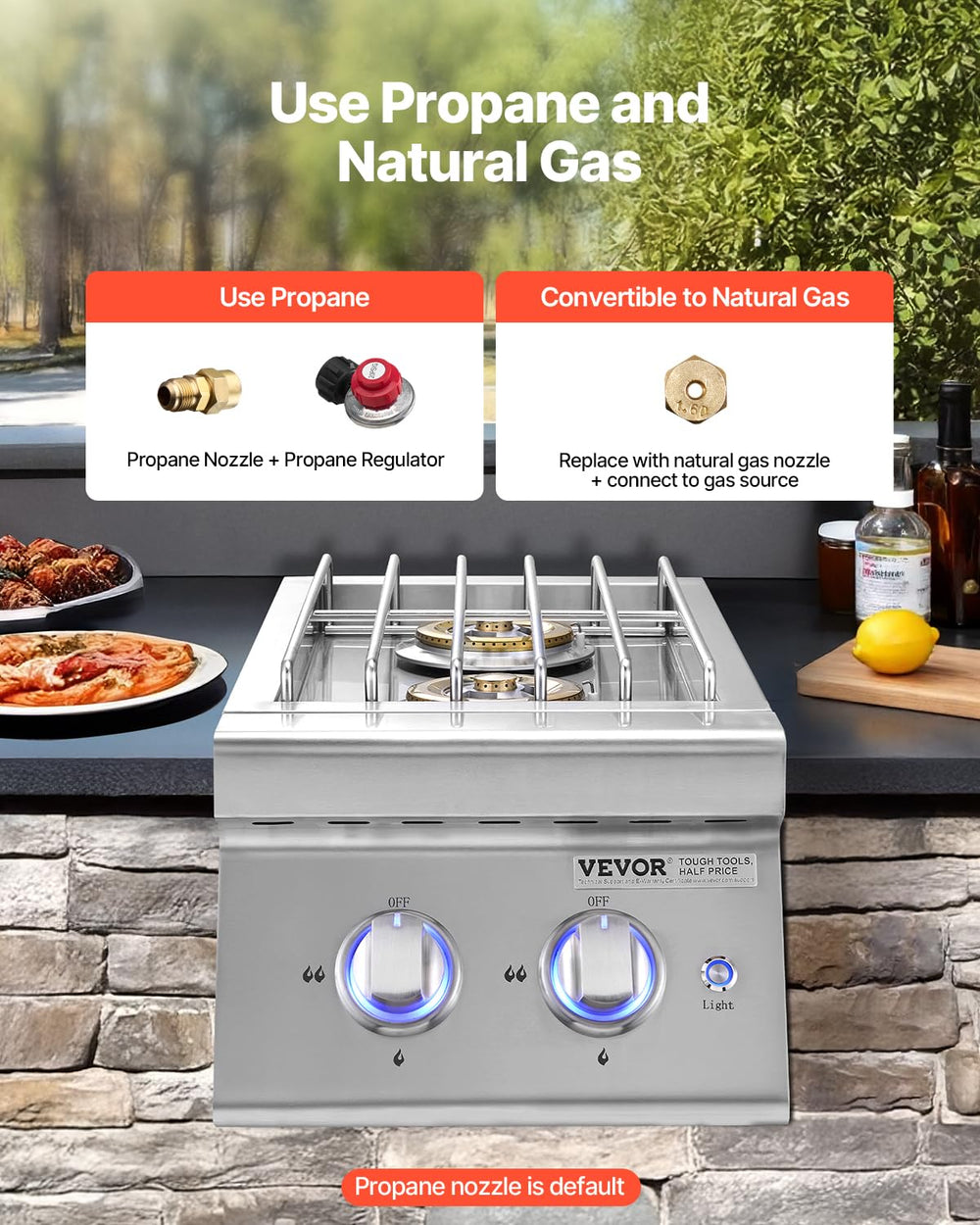 VEVOR LED control knobs lit at night for precise flame control and improved visibility