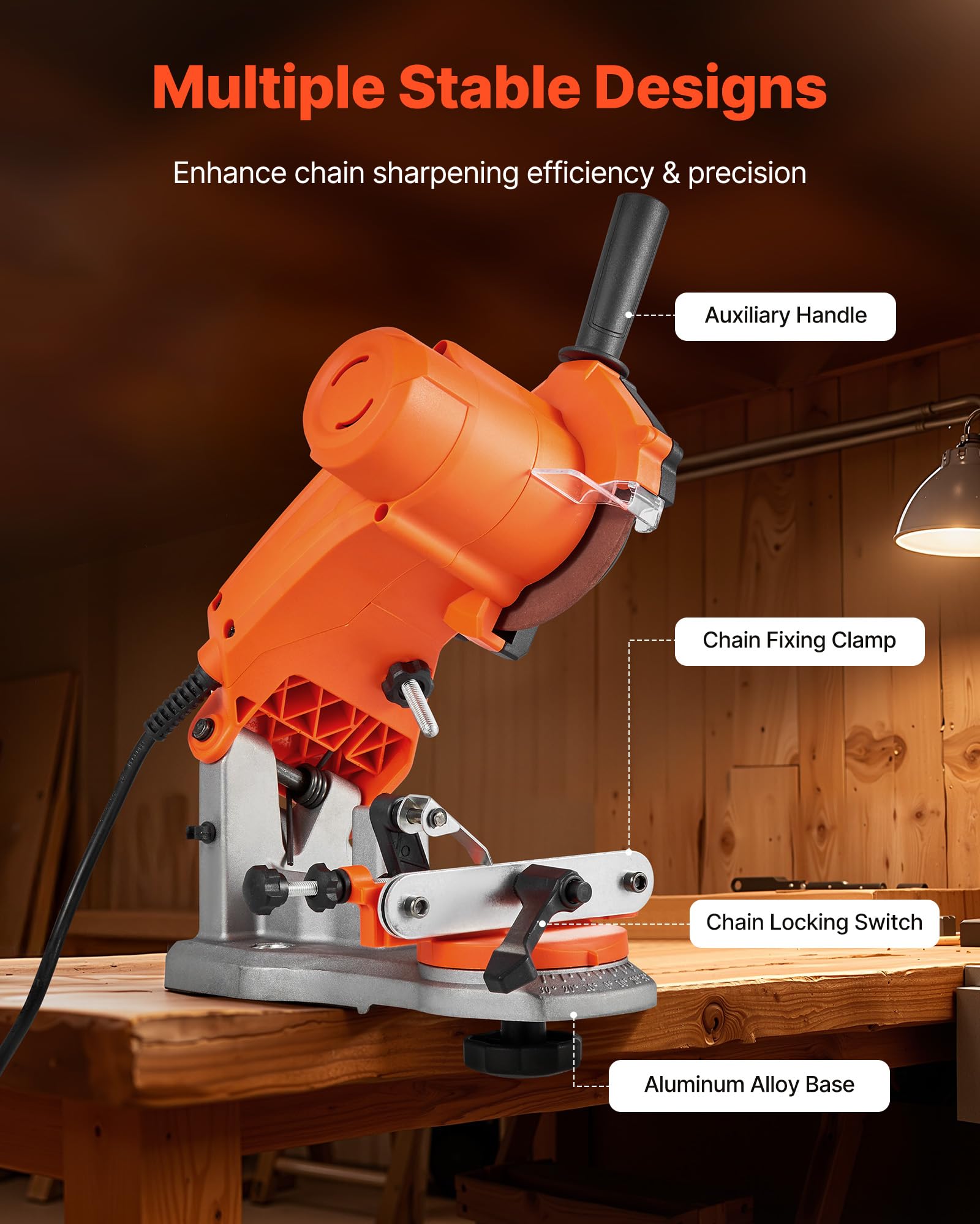 VEVOR LED work light illuminating the cutting edge for precise grinding