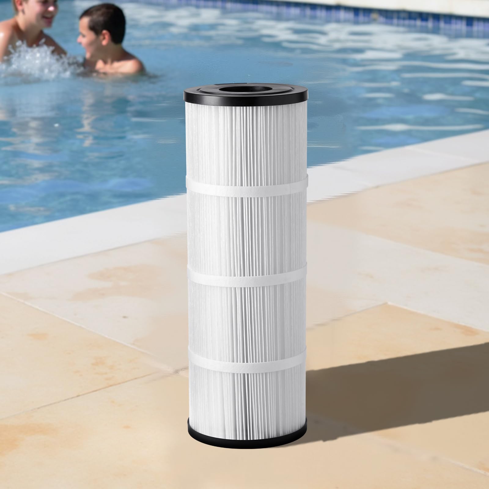 VEVOR cartridge staged by backyard pool demonstrating clearer water benefit