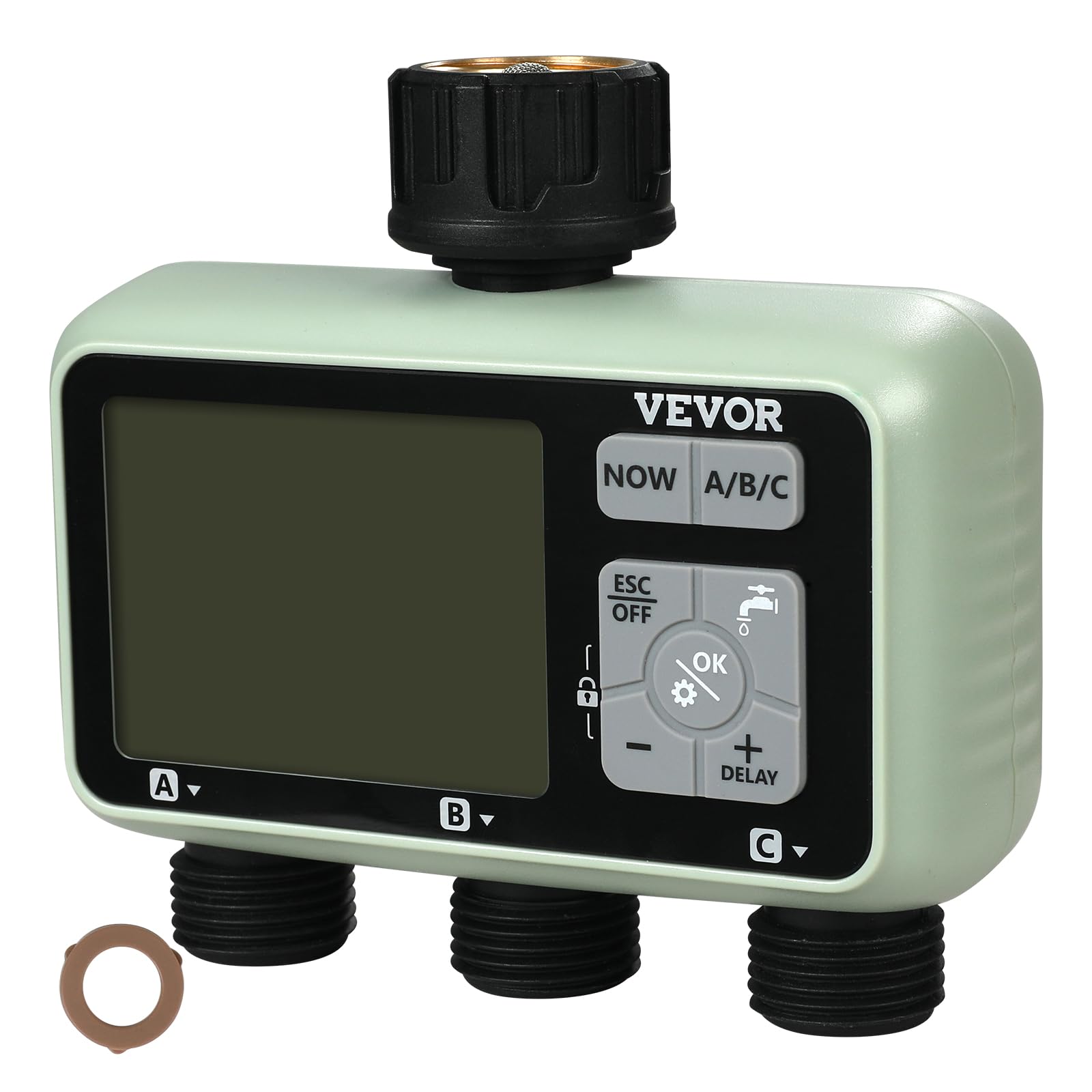 VEVOR backyard setup with timer powering multiple watering zones efficiently