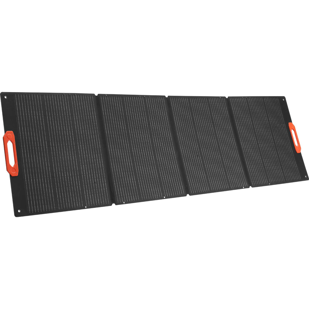 VEVOR solar panel set at campsite powering lights and electronics into evening