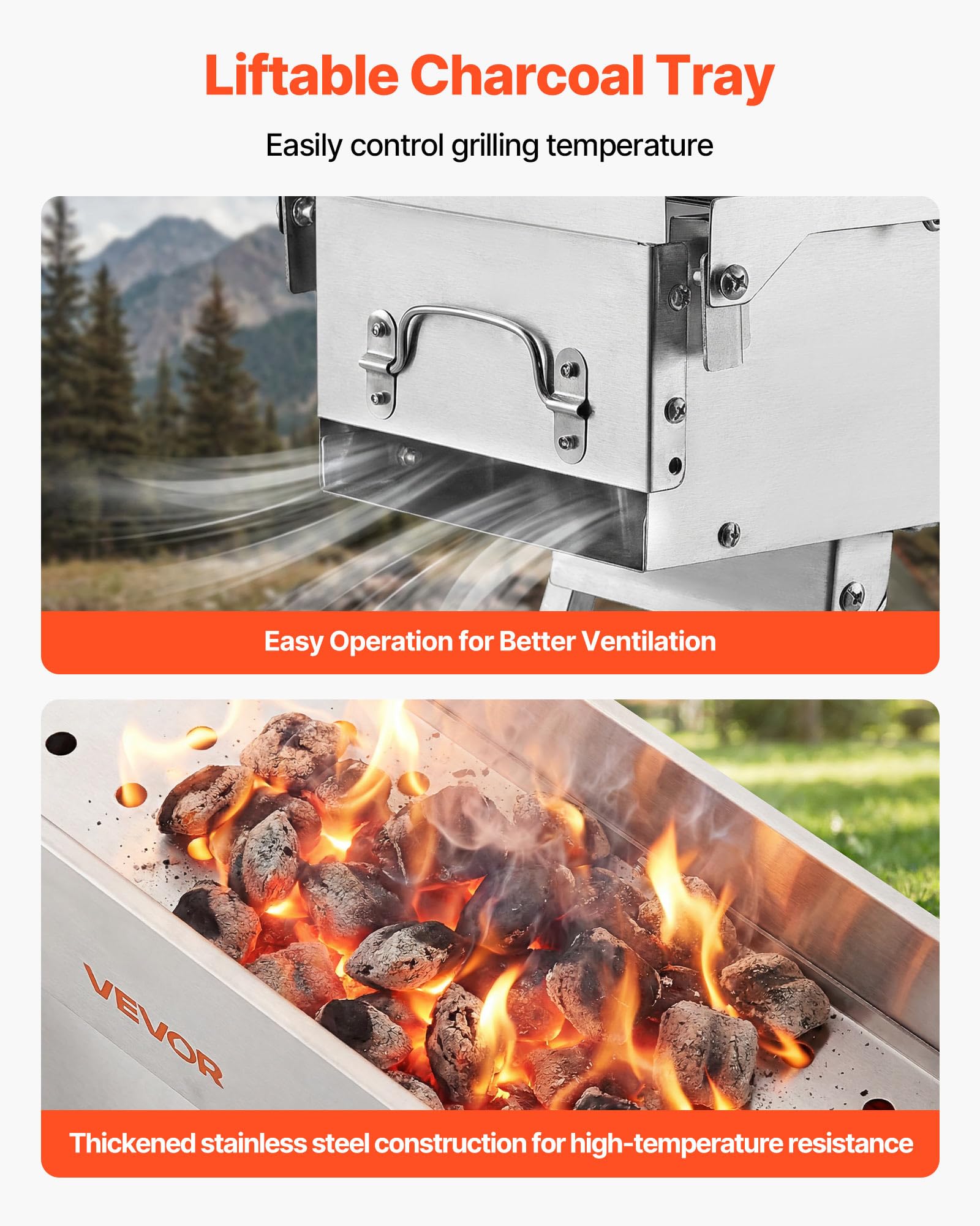 VEVOR liftable charcoal tray detail demonstrating adjustable heat control
