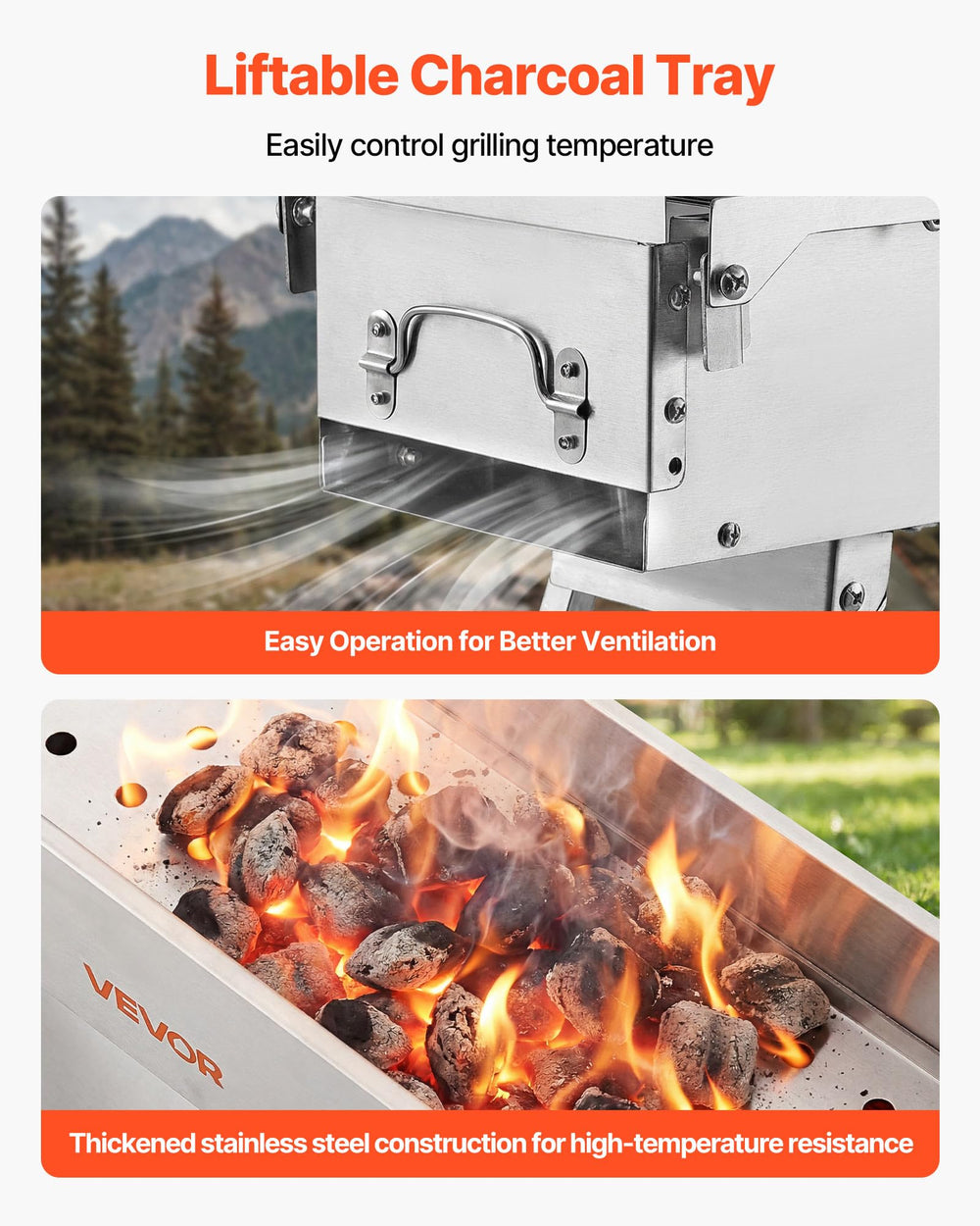 VEVOR liftable charcoal tray detail demonstrating adjustable heat control