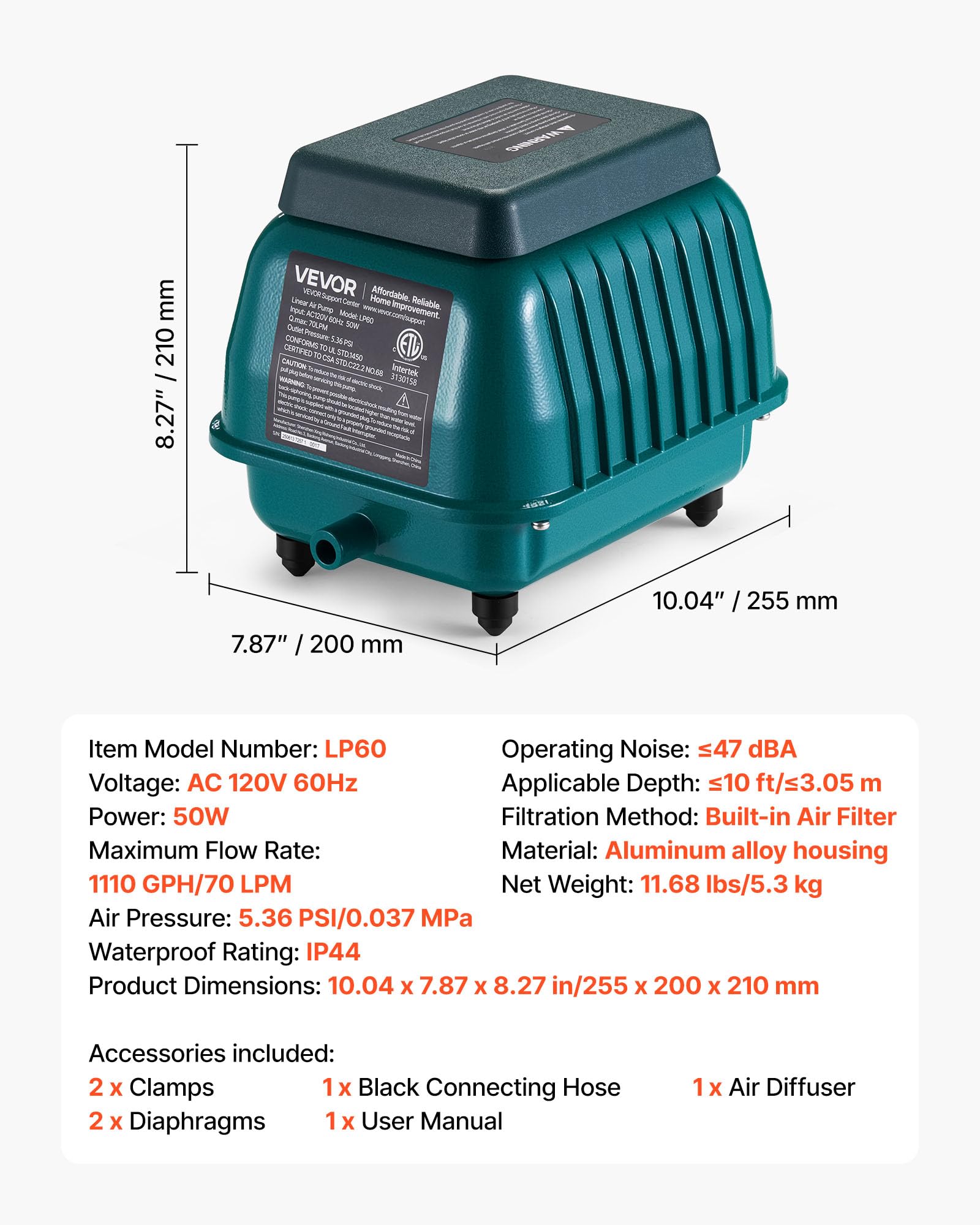 VEVOR pump next to ruler showing compact size for easy placement benefit