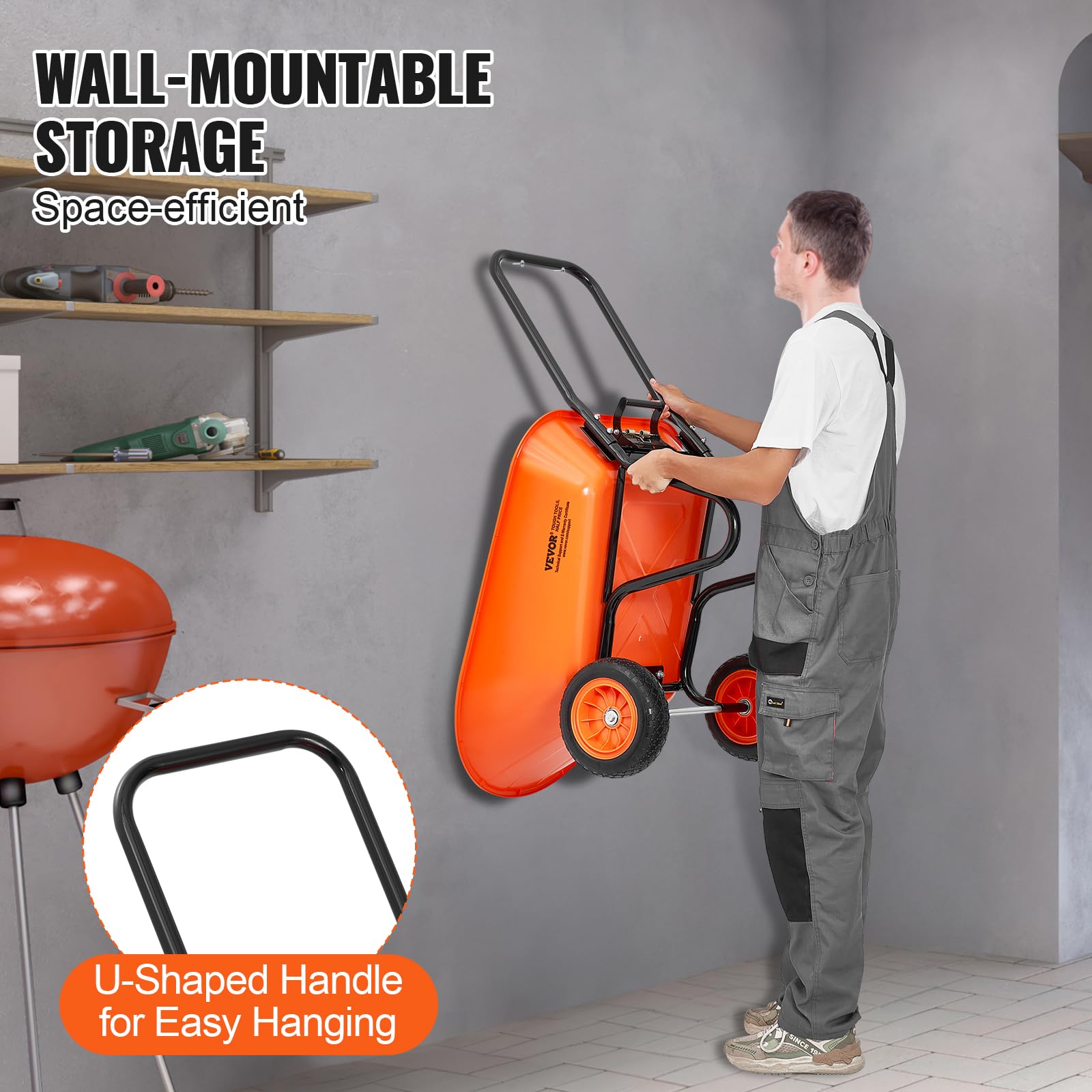 VEVOR loaded with soil in garden demonstrating large capacity and fewer trips benefit
