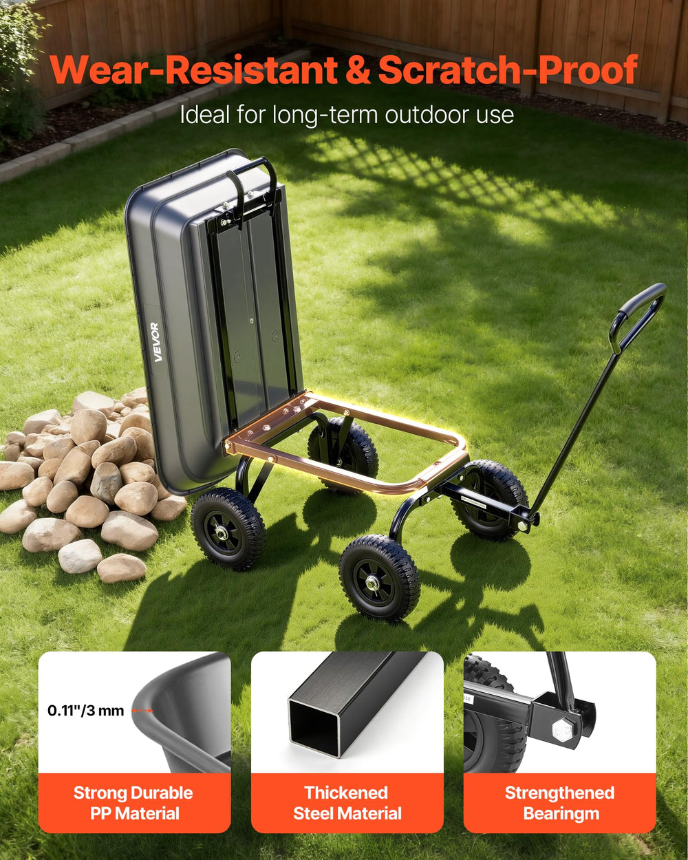 VEVOR loaded with soil in garden demonstrating high 400lb carrying capacity