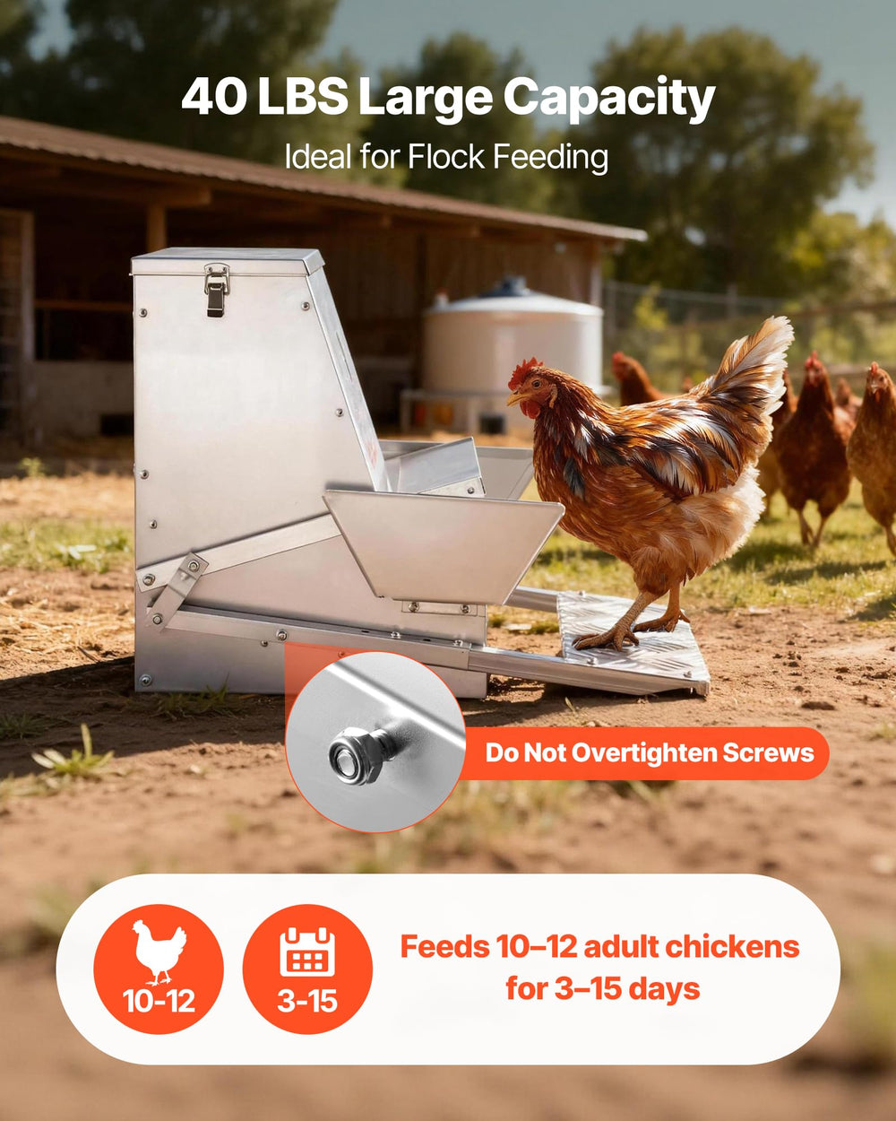 VEVOR lockable lid and hinge detail benefit: prevents rodent access and secures feed