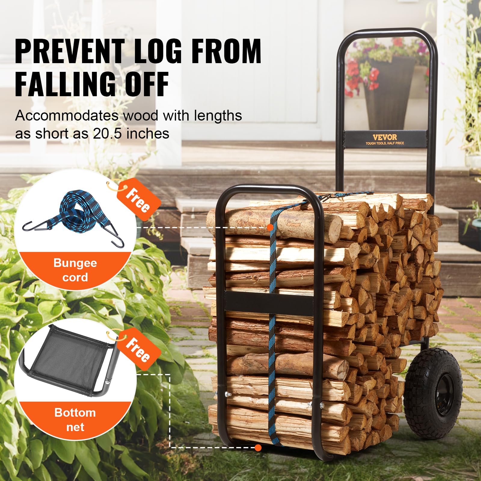VEVOR log cart protective mesh detail securing logs and preventing spills