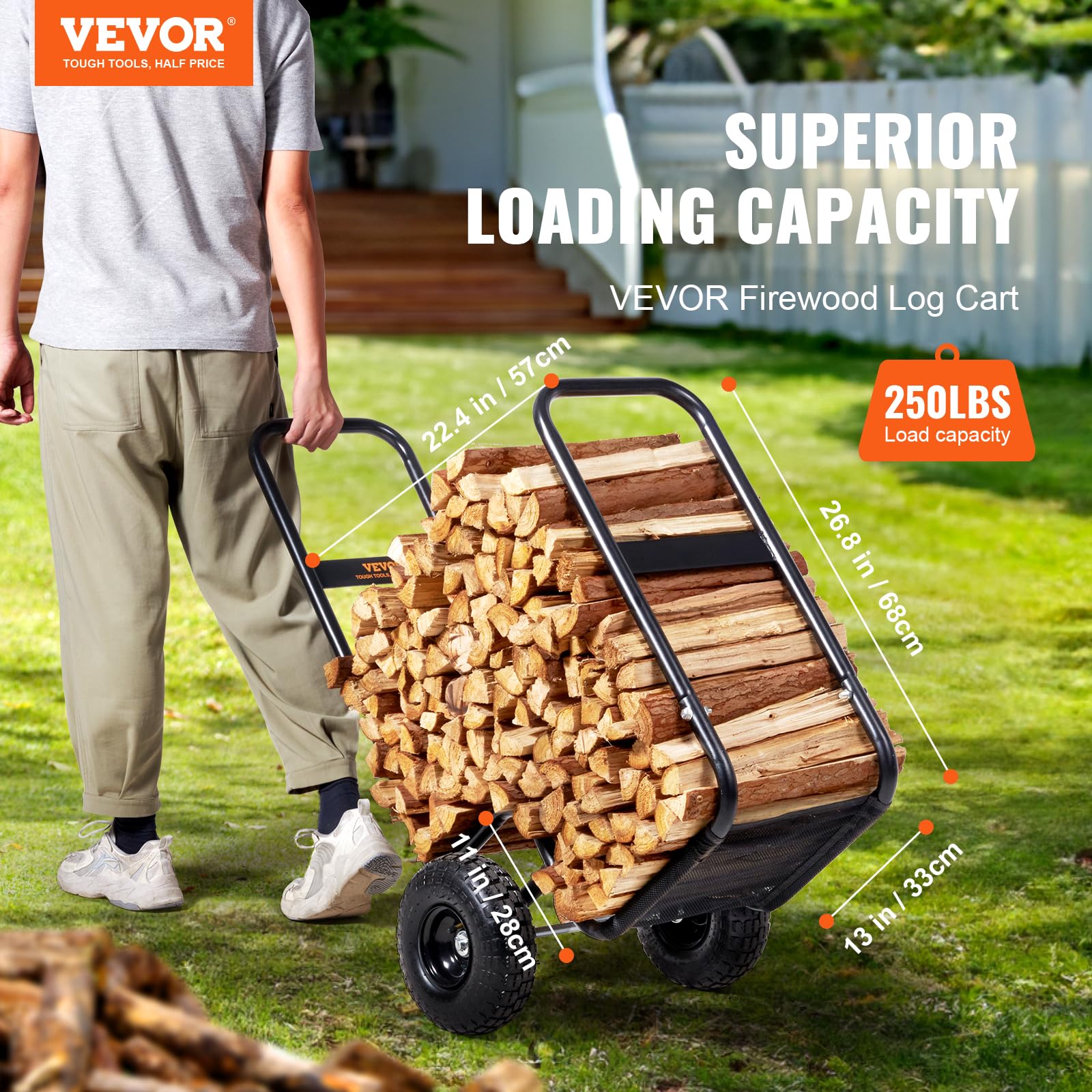 VEVOR log cart side profile demonstrating wheel clearance and balance benefit