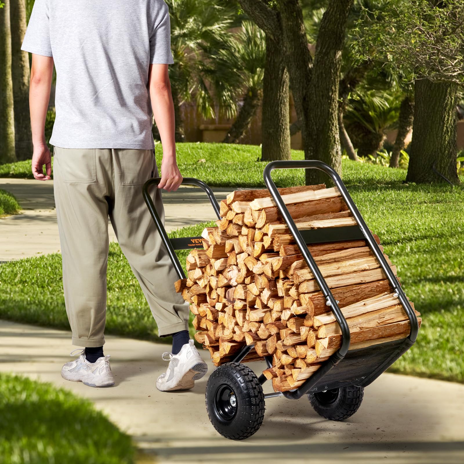 VEVOR log cart next to person for size and scale, emphasizing easy handling