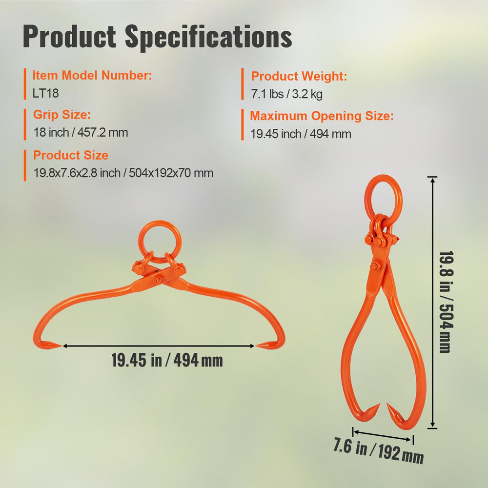 VEVOR tongs with measured 18-inch grip for handling large logs