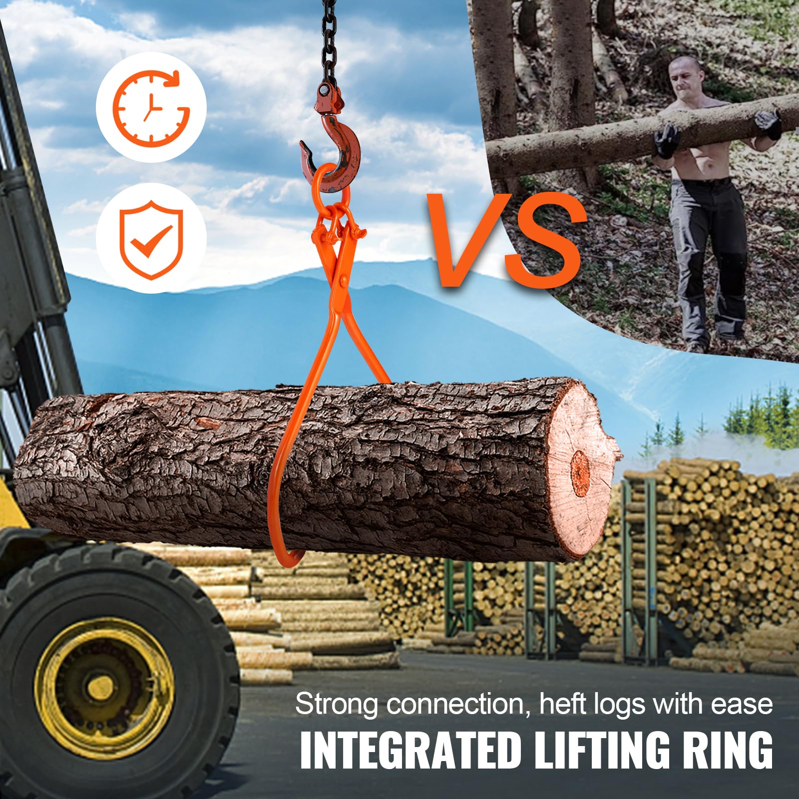 VEVOR tongs gripping a large log illustrating strong hold and safety benefit