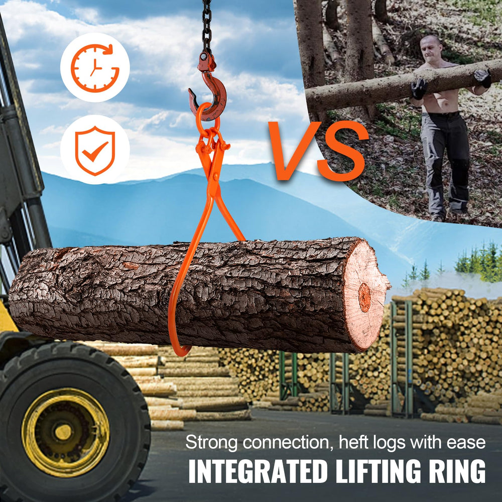 VEVOR tongs gripping a large log illustrating strong hold and safety benefit