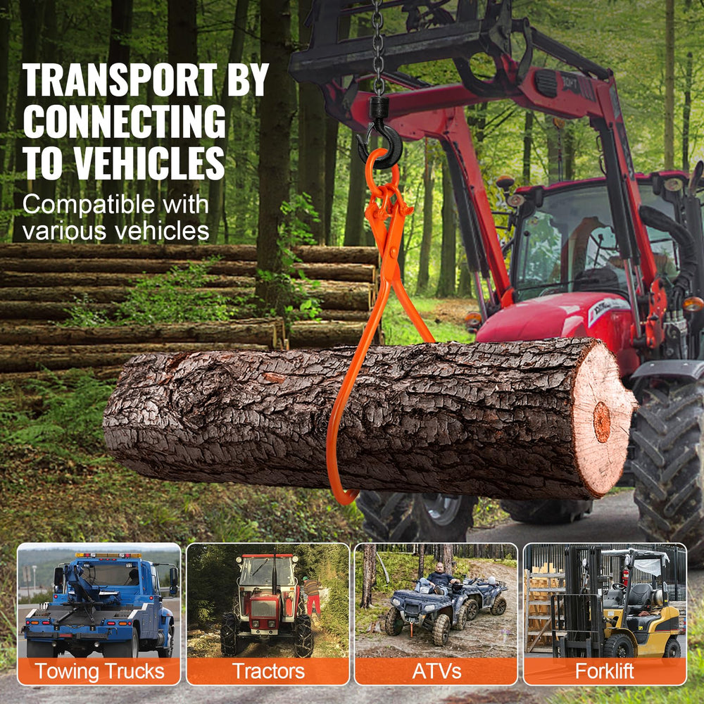 VEVOR tongs attached to tractor pulling log showing efficient transport benefit