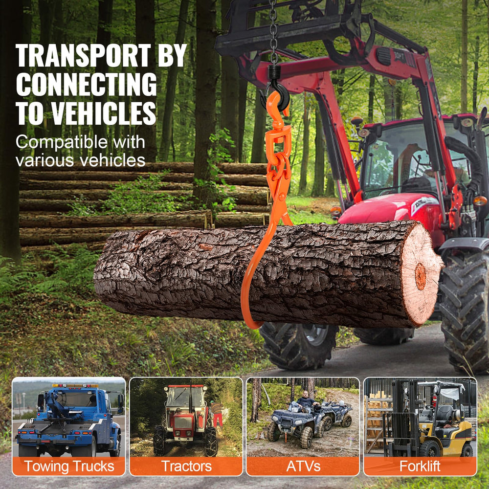 VEVOR tongs hooked to tractor hitch enabling easier heavy log transport