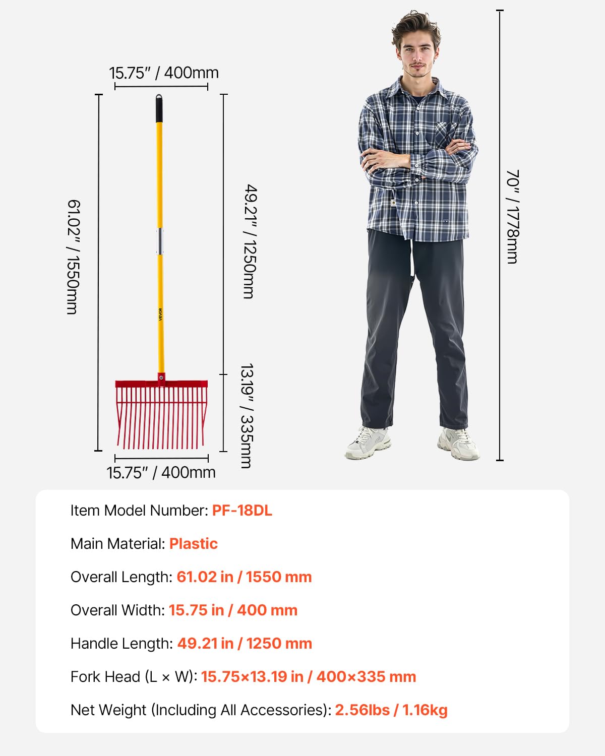 VEVOR size comparison with wheelbarrow illustrating 61 inch reach advantage