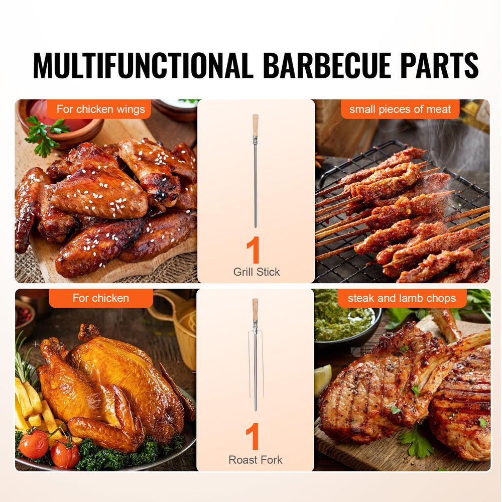 VEVOR rotating skewers with meat demonstrating even cooking benefit