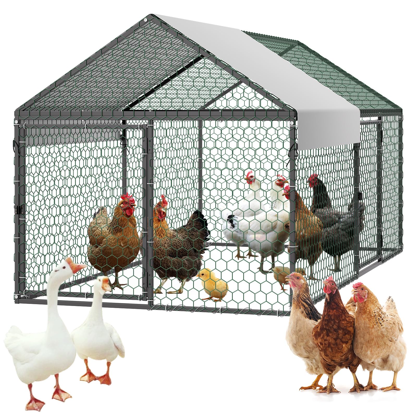 VEVOR front view of metal chicken coop showing secure enclosure and easy access