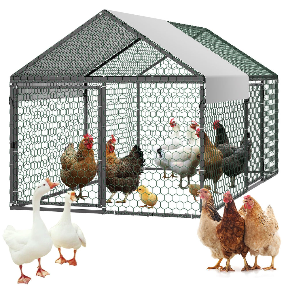 VEVOR front view of metal chicken coop showing secure enclosure and easy access