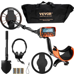 VEVOR metal detector front view showing ergonomic design and ready-to-use benefit