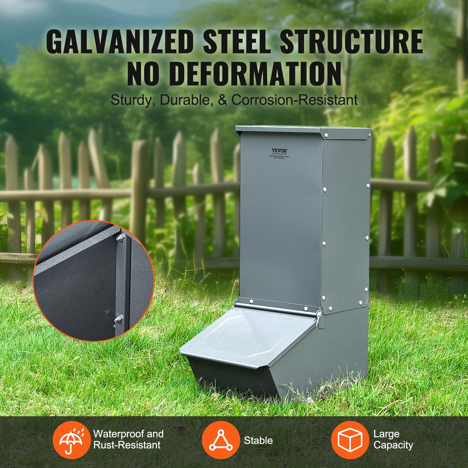 VEVOR metal door closed protecting feed from rain and pests