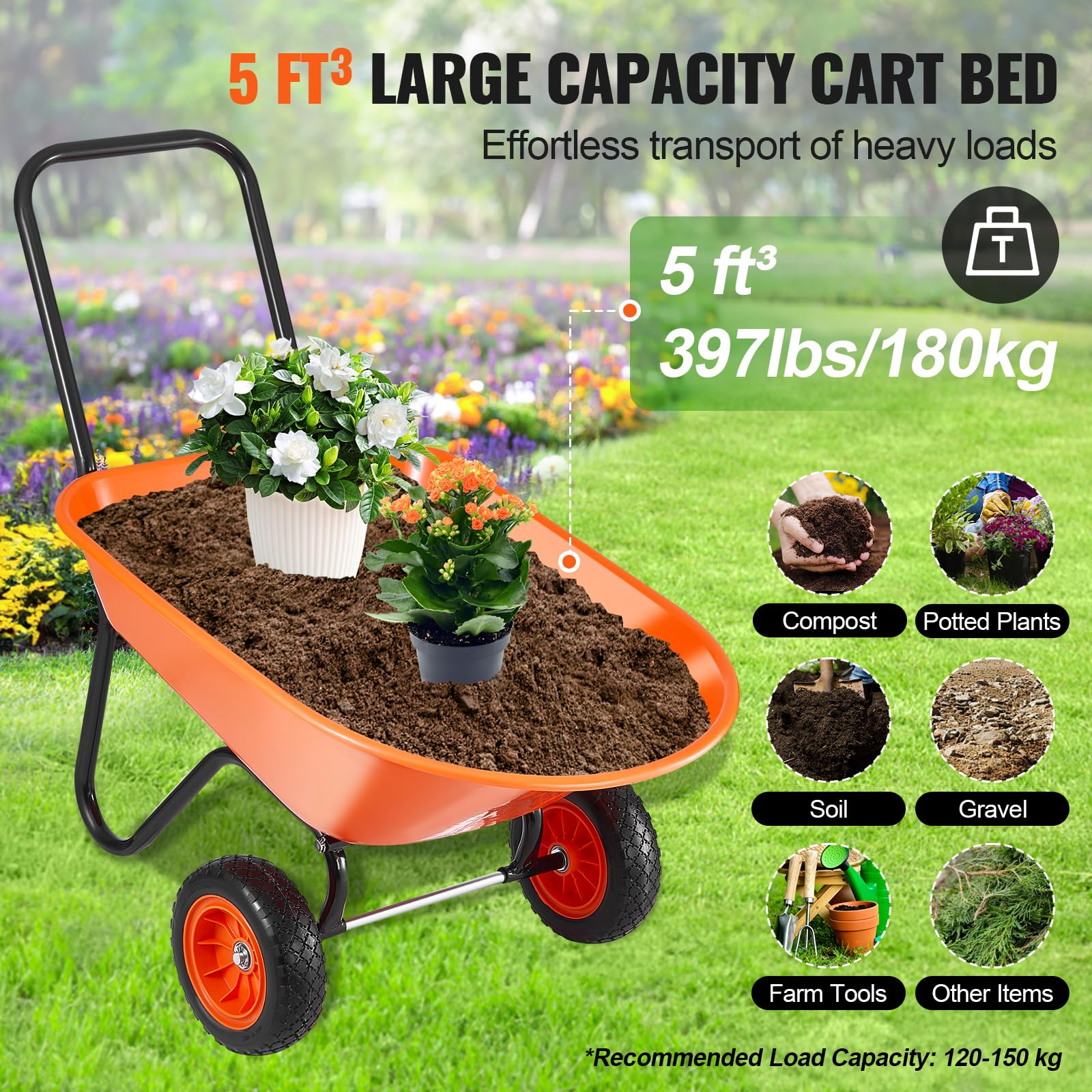 VEVOR side view of metal frame and PP tray for durable, deformation-resistant hauling