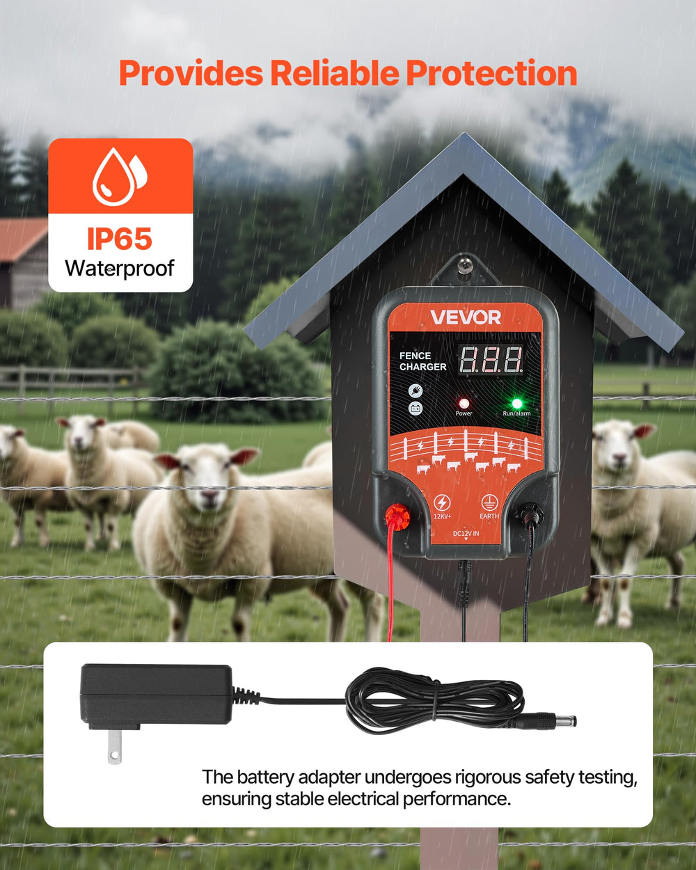 VEVOR mounted on fence post in field protecting perimeter for farm security
