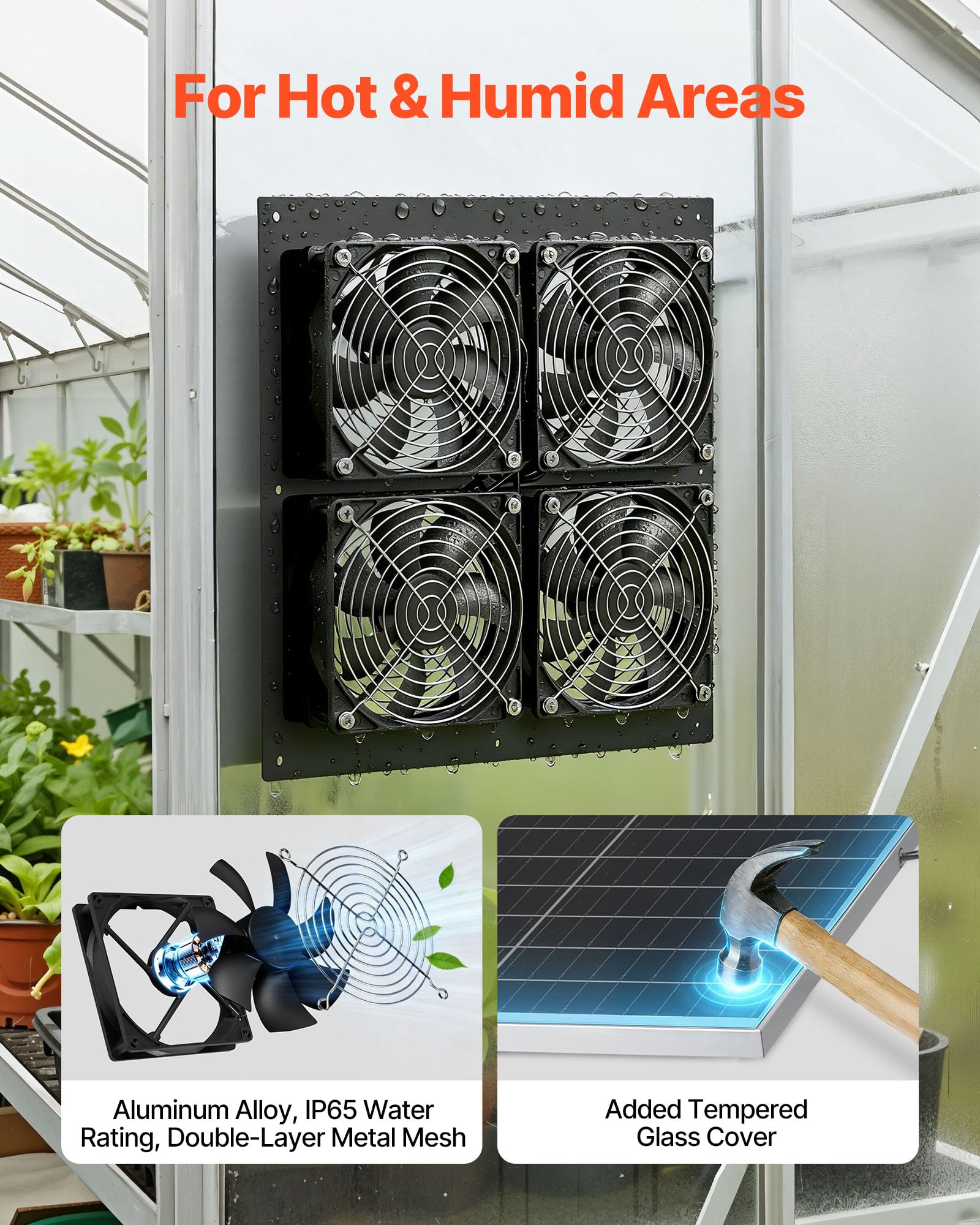 VEVOR unit mounted on greenhouse roof illustrating solar ventilation for plants and humidity control