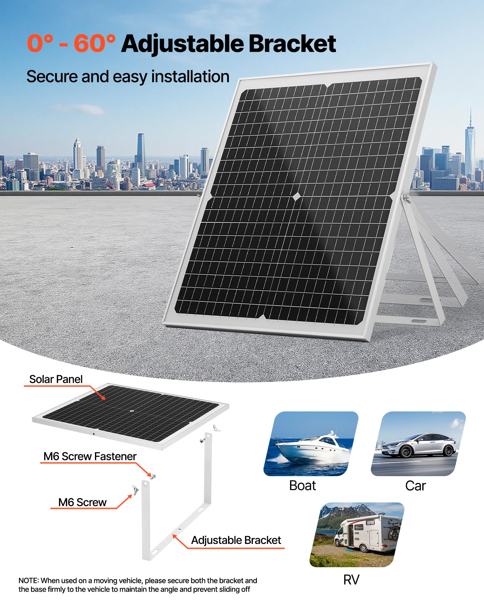 VEVOR solar panel mounted on RV roof demonstrating weatherproof outdoor battery maintenance