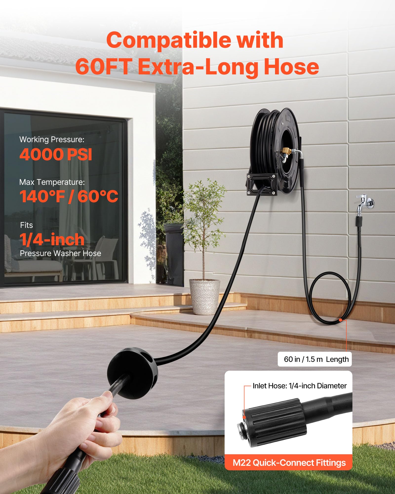 VEVOR wall-mounted installation in garage offering space-saving hose management