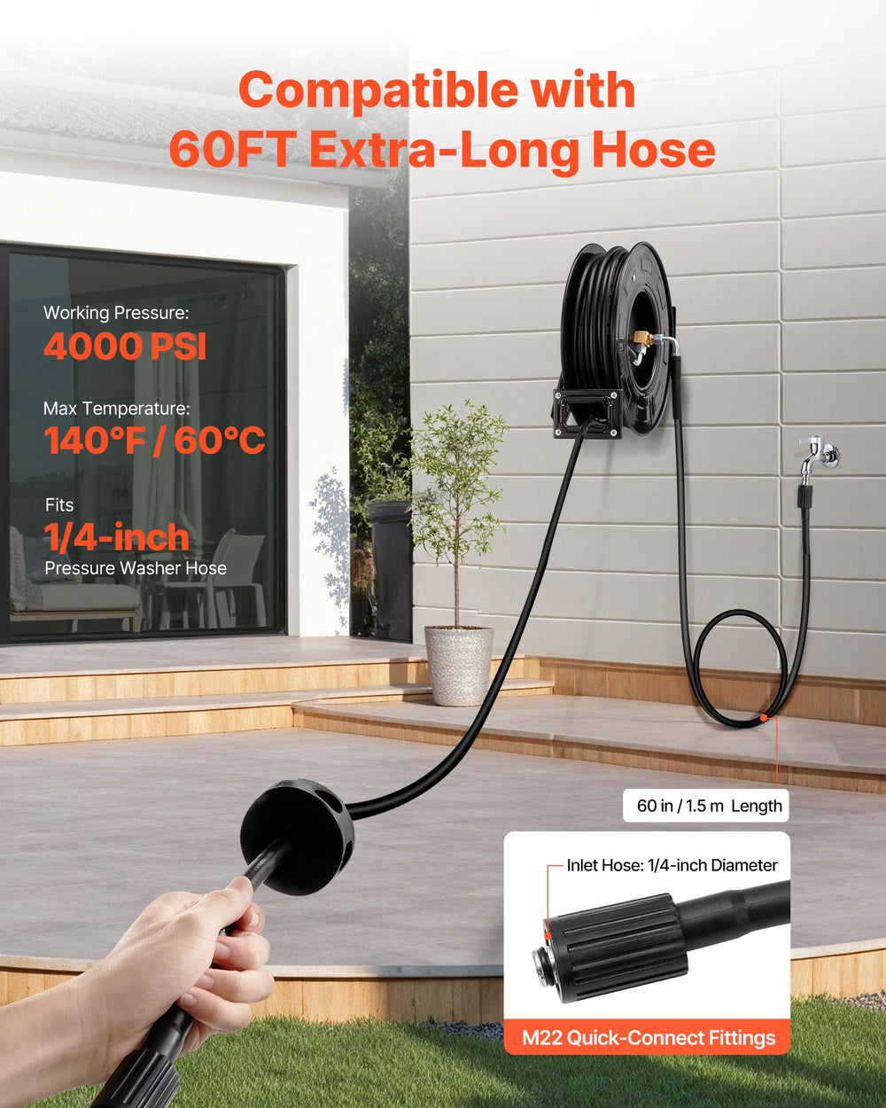 VEVOR wall-mounted installation in garage offering space-saving hose management