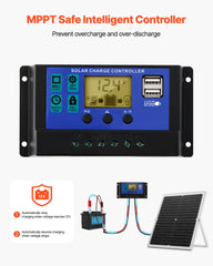 VEVOR MPPT controller detail view showing intelligent charge management for battery protection