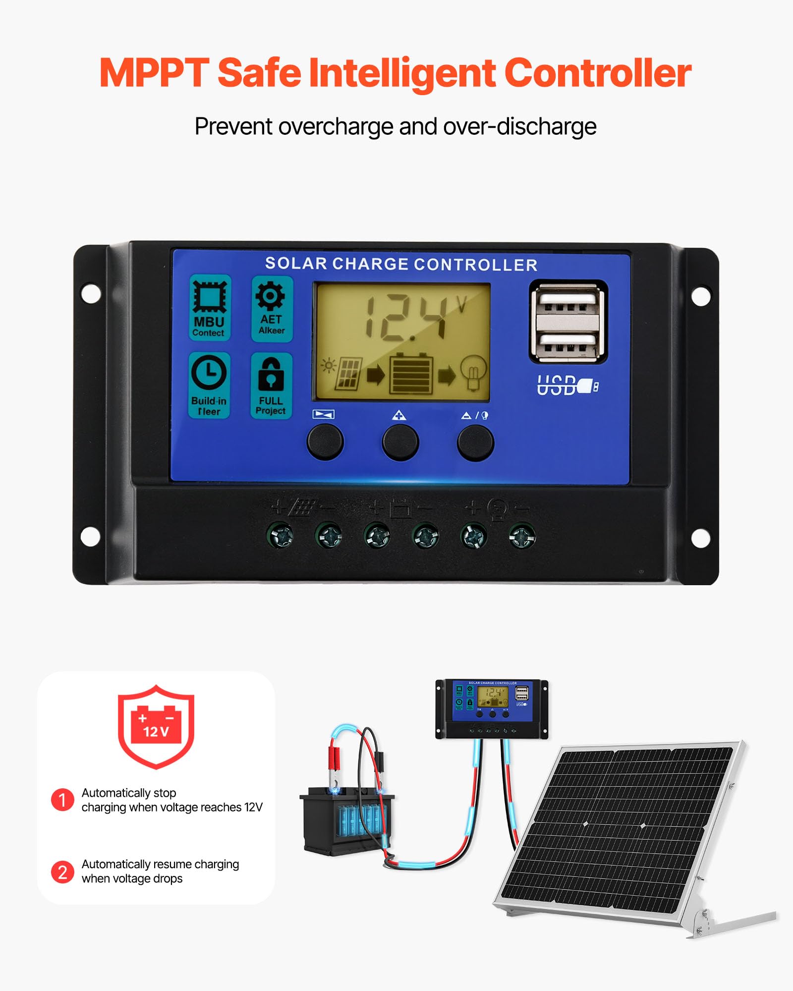 VEVOR MPPT controller detail showing ports and indicators for smarter battery protection