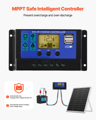 VEVOR MPPT controller close view showing connections and smart charge protection