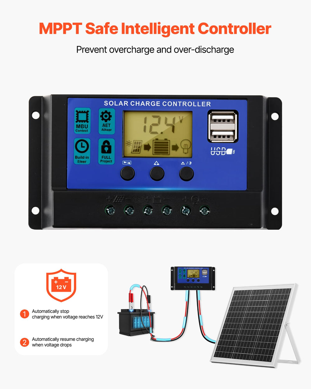 VEVOR MPPT controller view demonstrating smart charge management and battery protection