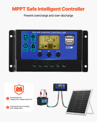 VEVOR MPPT controller view demonstrating smart charge management and battery protection
