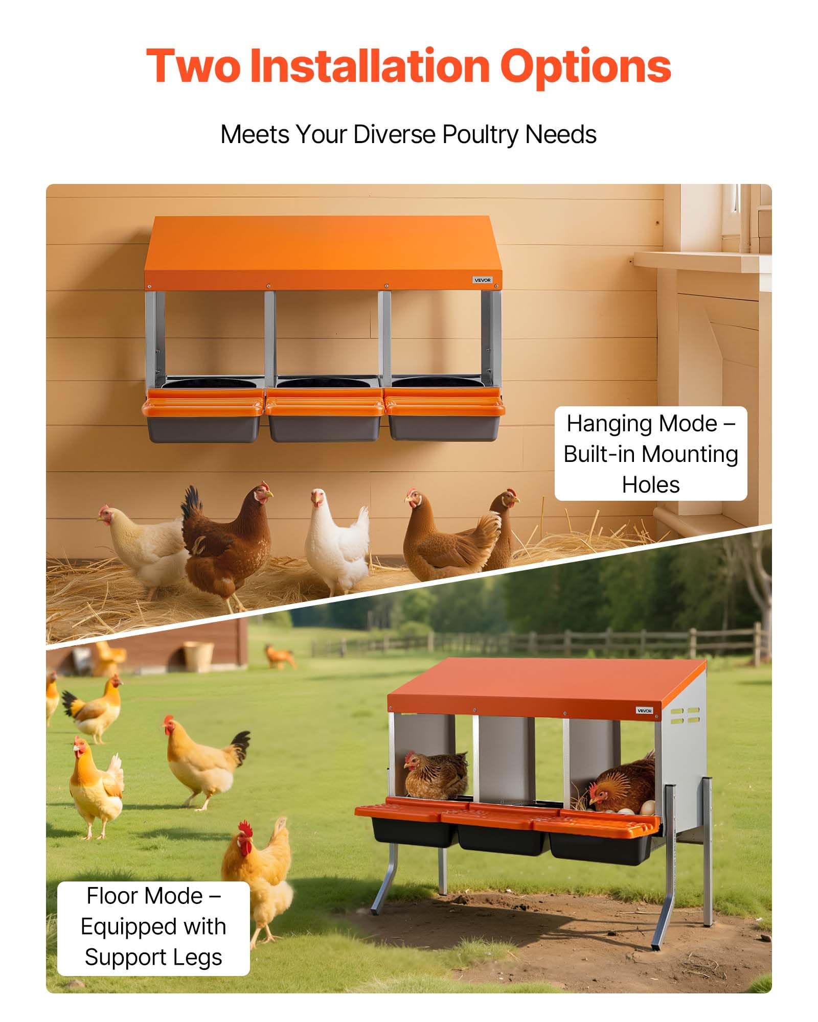 VEVOR front access with handle opened showing eggs in collection area benefit: fast gentle egg retrieval