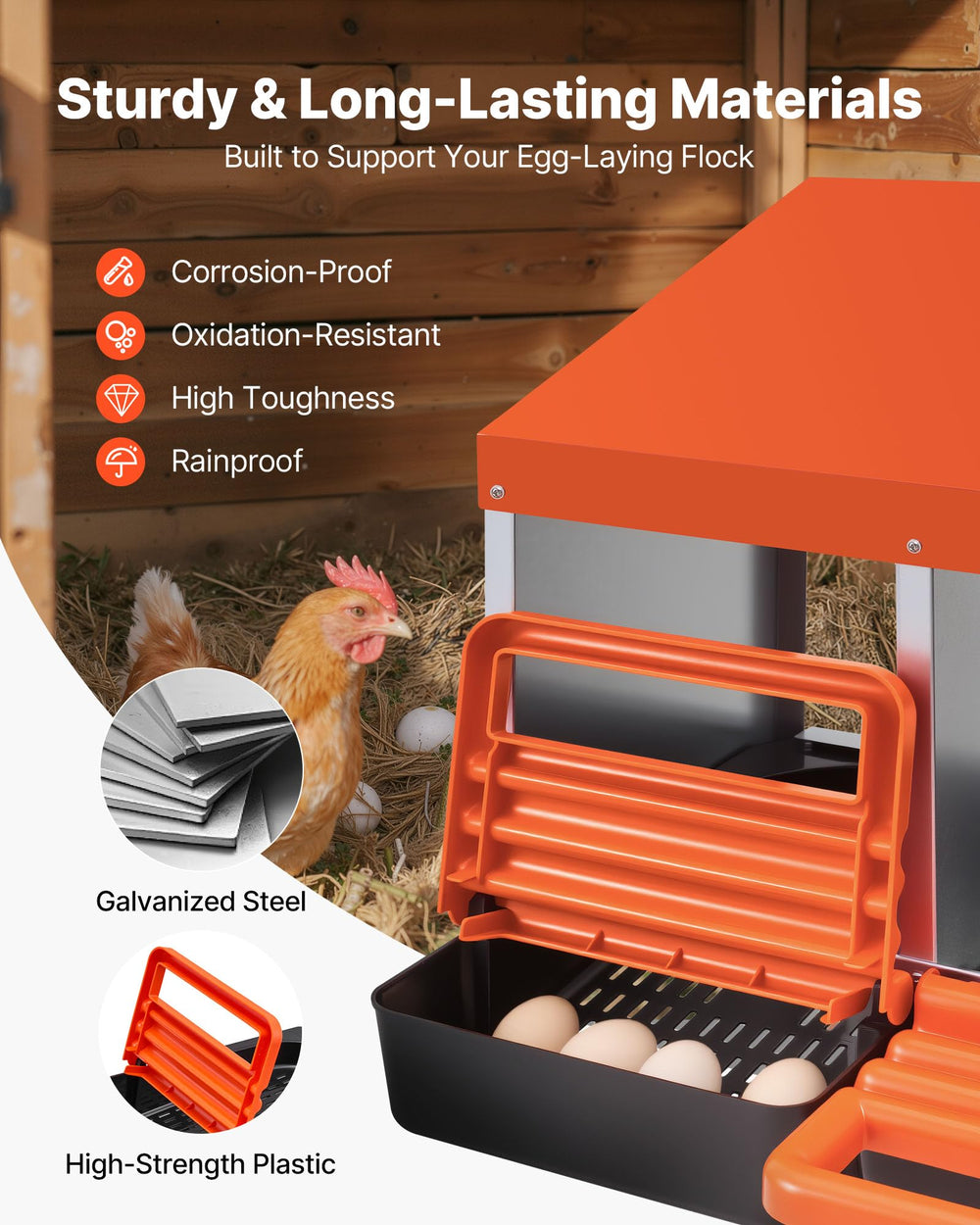 VEVOR close-up of angled trays guiding eggs into the front collection area