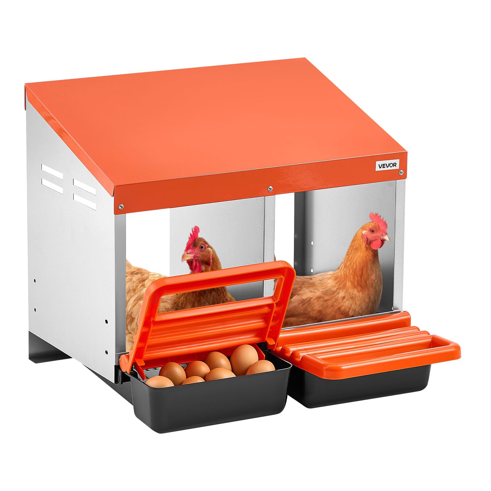 VEVOR front view showing two-compartment nesting box and easy egg access