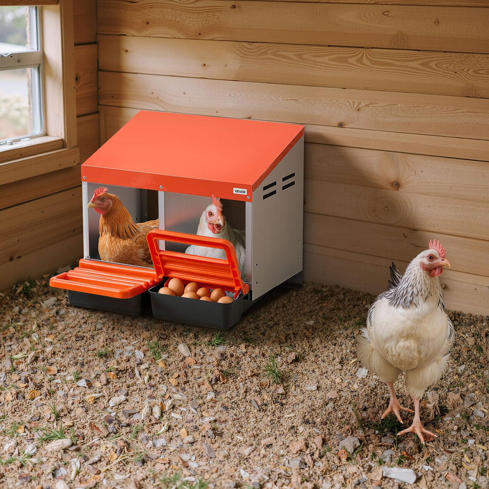 VEVOR next to a hen for scale showing compartment size and fit for breeds